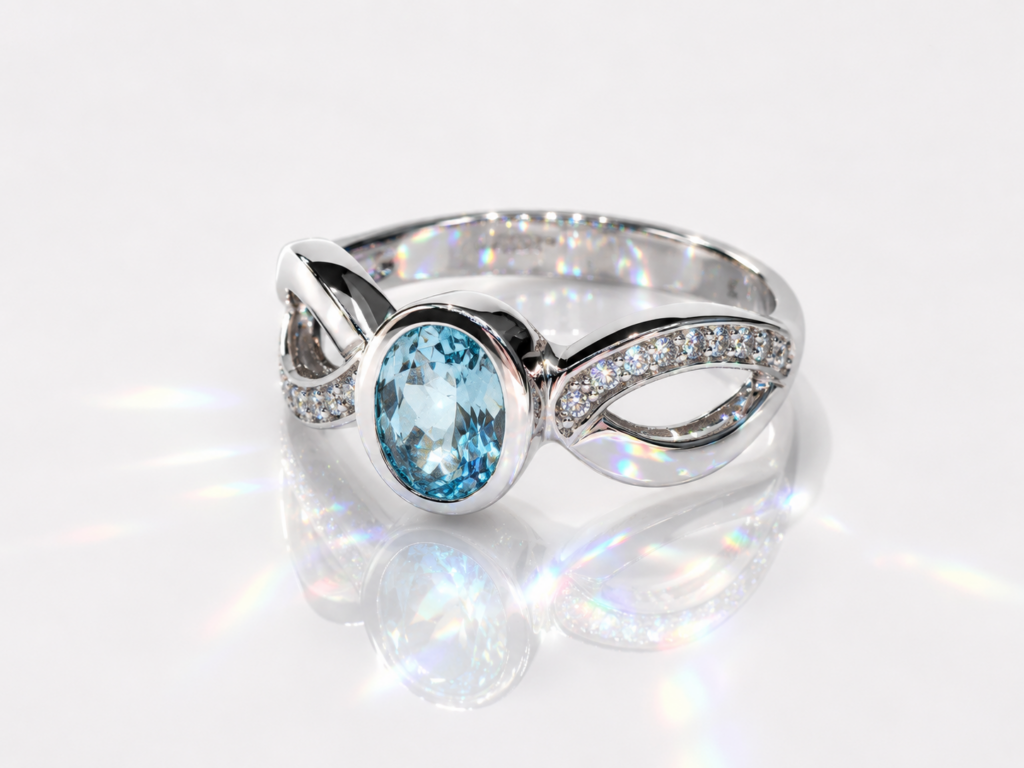 Anello oro bianco con diamanti e acquamarina