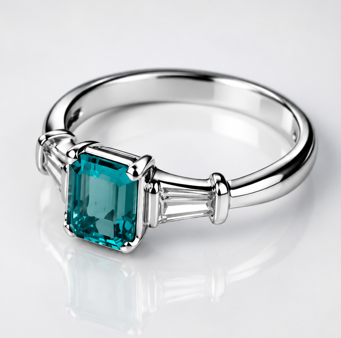Anello in oro bianco con smeraldo e diamanti tapered baguette